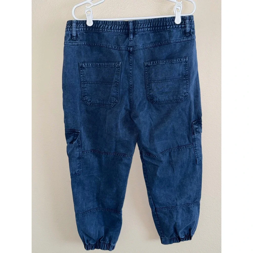 Free People We the Free Blue Denim Cargo Jogger Pants High Rise Utility Indigo
